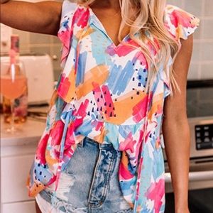 Abstract Print Ruffled Tank Top